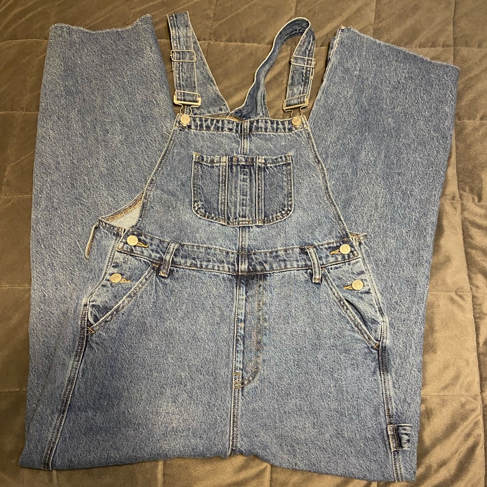PACSUN dark wash distressed denim overalls (size: S)